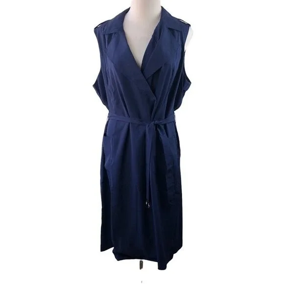 NWT Lane Bryant Sleeveless Trench Coat Navy Blue Long Tie Vest Plus Size 26/28 - Picture 2 of 8